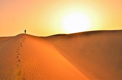 Person walking in the desert at sunset